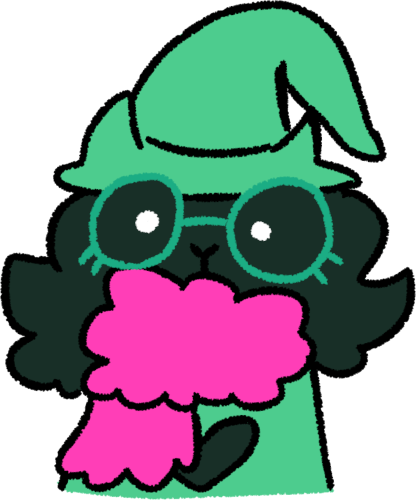 a goat like creature wearing a green jacket with a black heart on it, a green hat, and pink scarf. He has green glasses and his fur is darker due to shadows. He has a surprised expression.